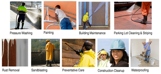 Services include Pressure Washing/Powerwashing, painting, Building Maintenance, parking lot cleaning and striping, rustremoval, sandblasting, preventative care, contstruction cleanup and waterproofing